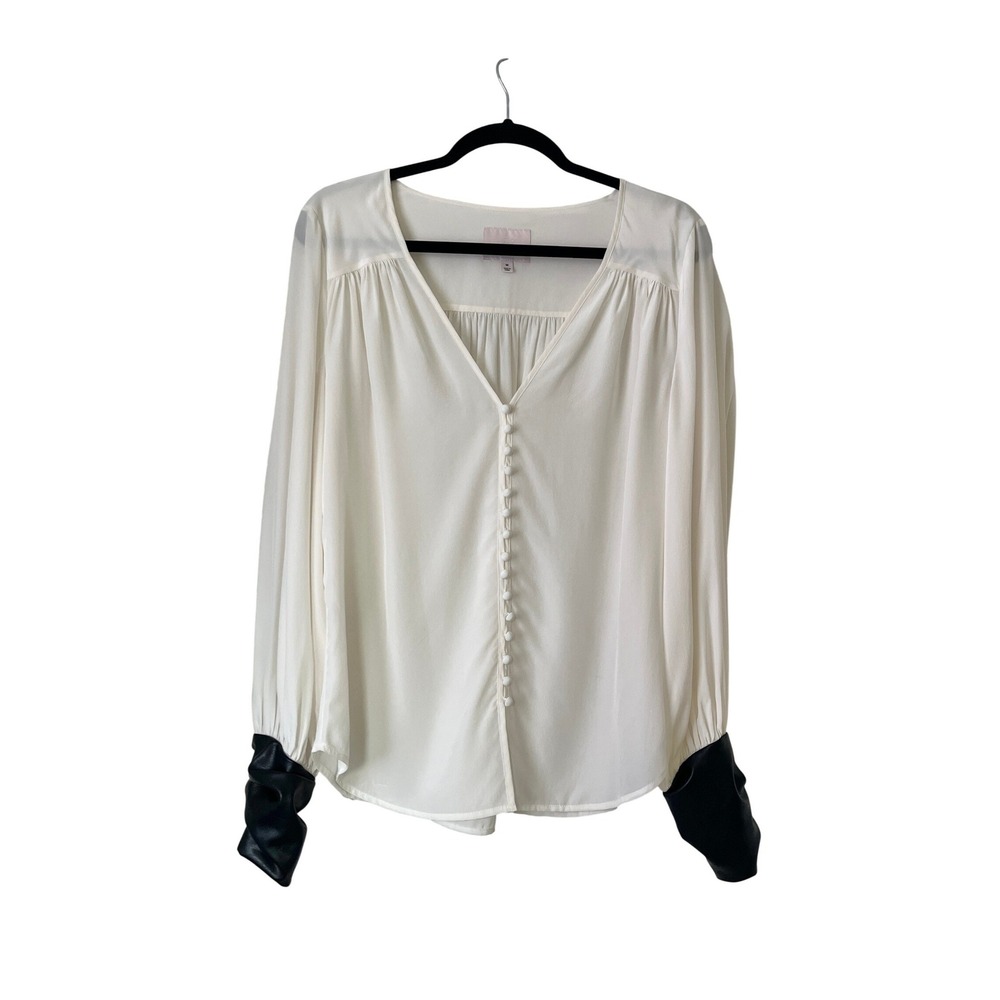 Cinq à Sept Francis Silk Blouse Faux Leather Cuff Button Front Ivory/Black Sz M
